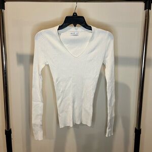 Nine West White Ribbed V-Neck Sweater